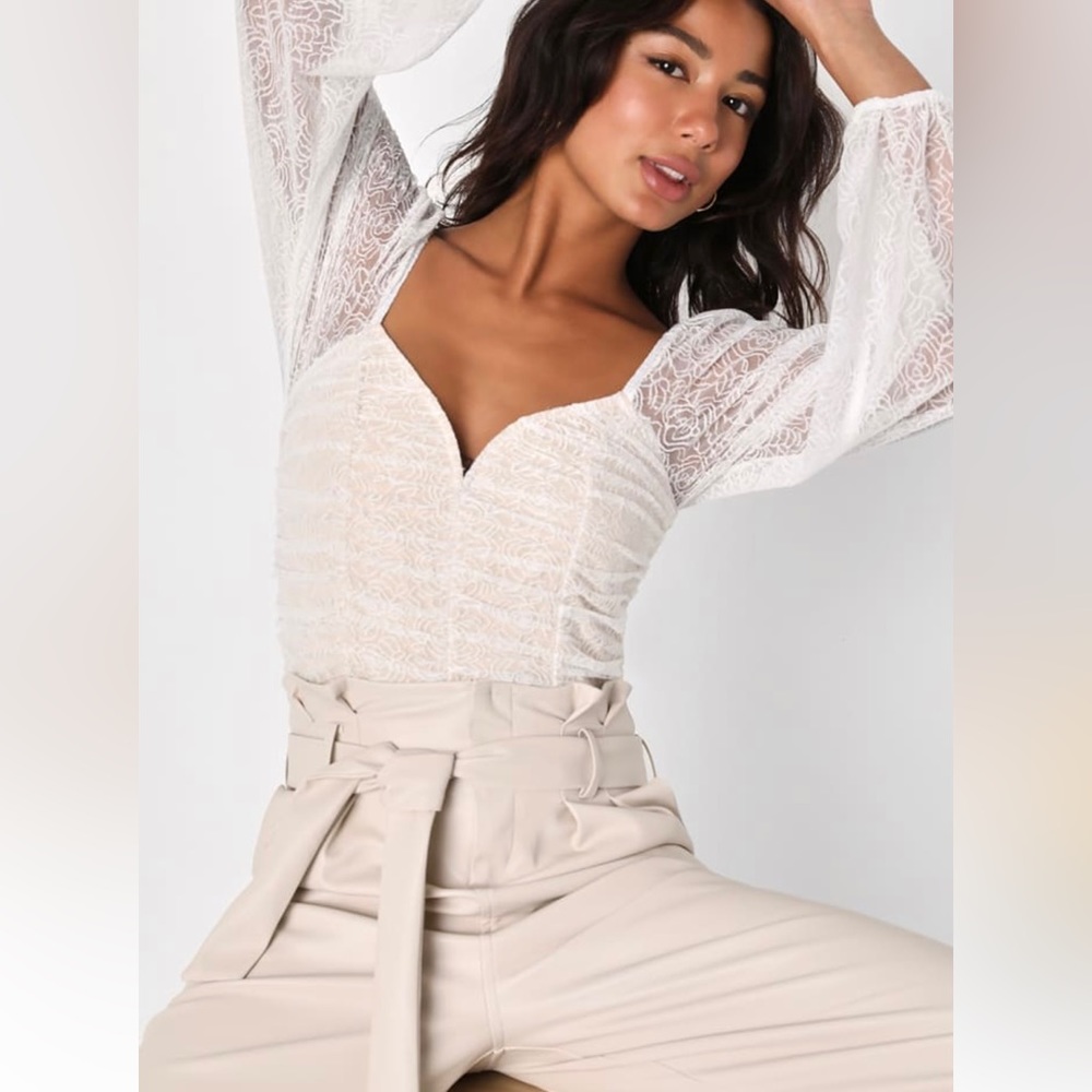 Stylistic Sensibility White and Beige
Ruched Lace Bodysuit